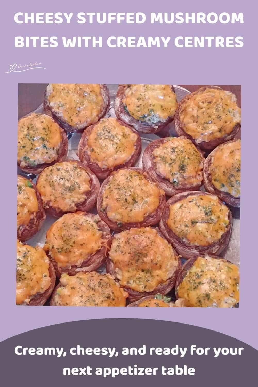 An image of Mushroom caps filled with a cream cheese mixture and topped with cheddar