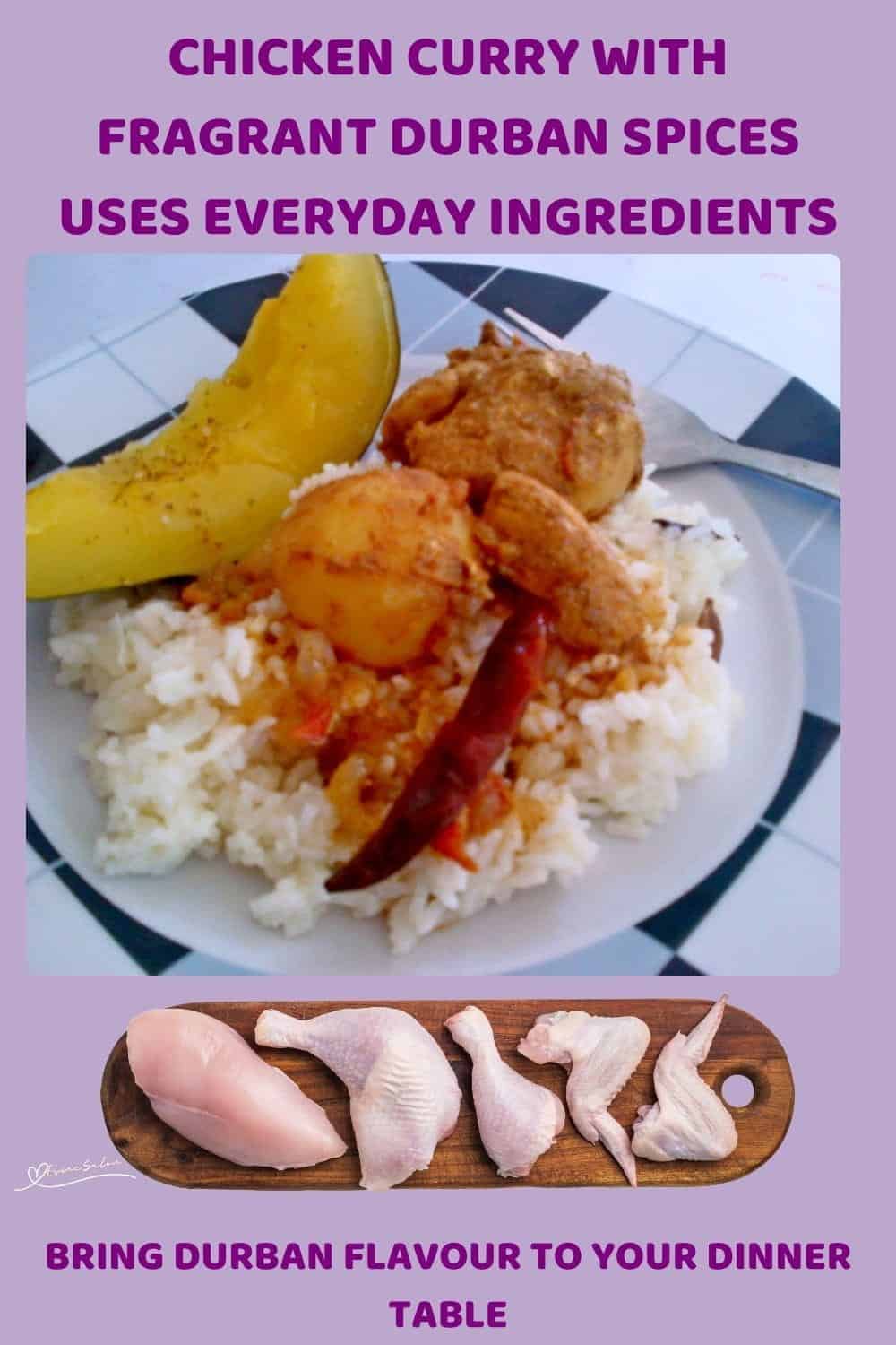 Delicious chicken curry served with rice and lemon wedge, featuring Durban spices.