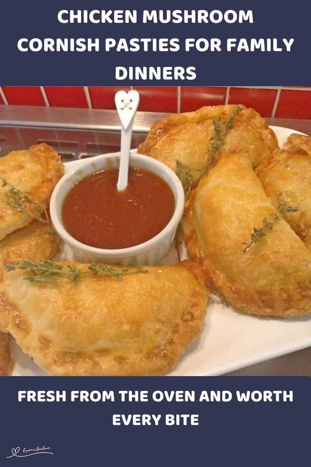 An image of Chicken Mushroom Cornish Pasties with a homemade sauce