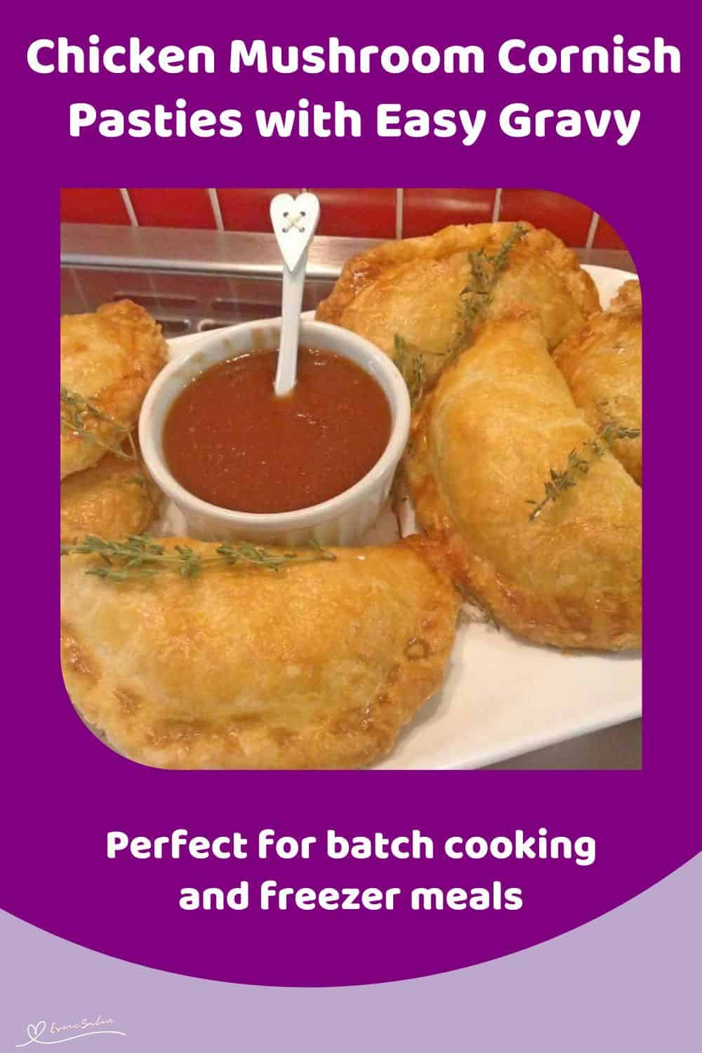 An image of Chicken Mushroom Cornish Pasties with a homemade sauce
