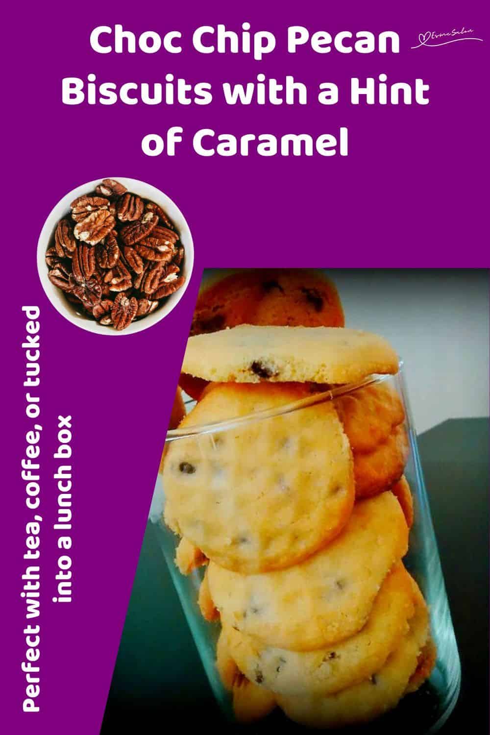 An image of Choc Chip Pecan Biscuits stacked in a glass