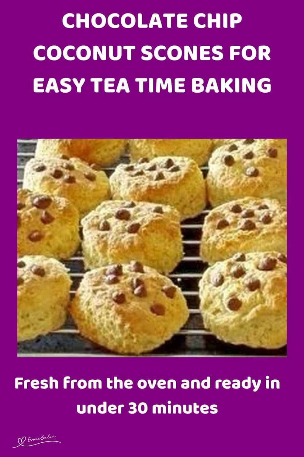 An image of a dozen of Chocolate Chip Coconut Scones on a cooling wire