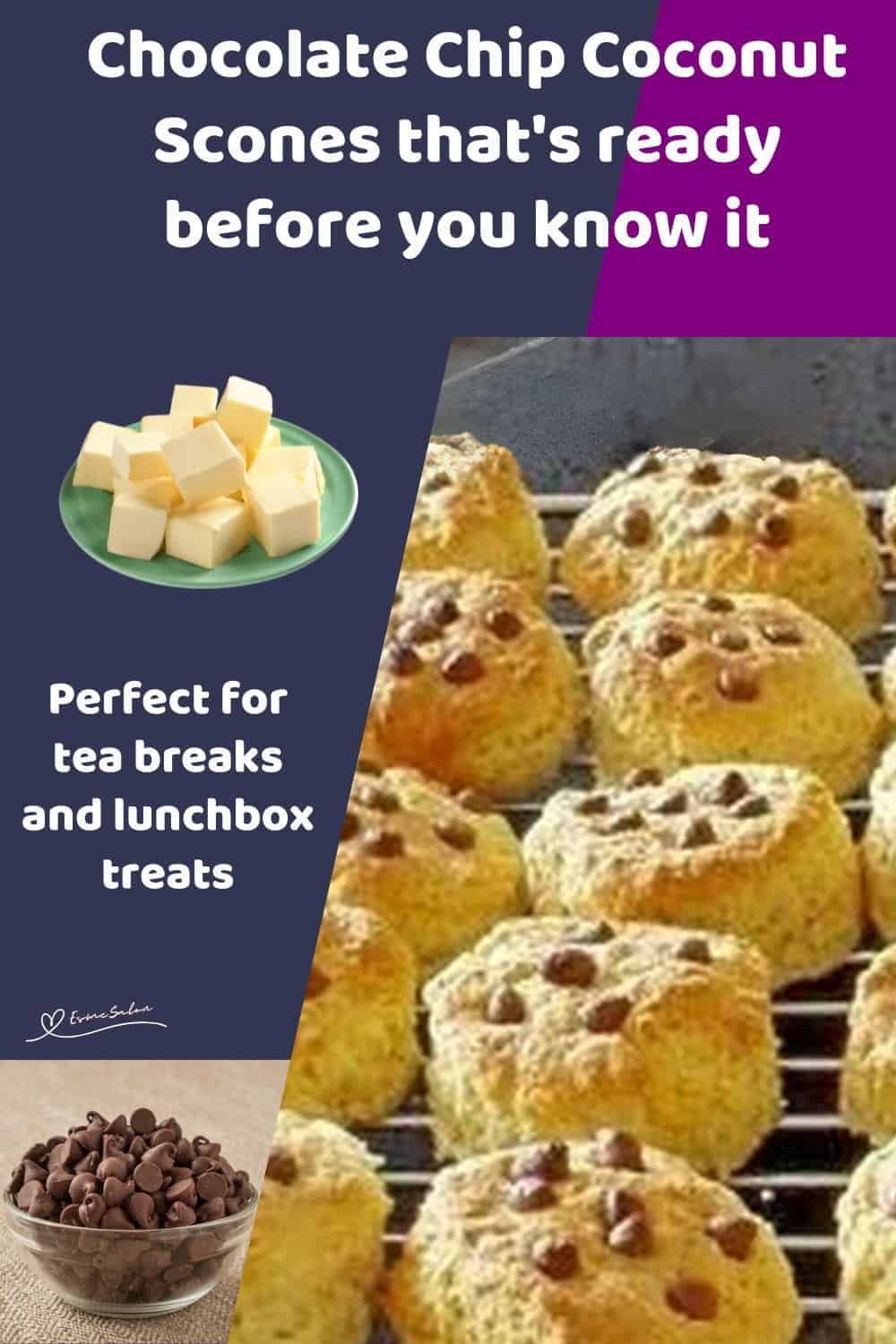 An image of a dozen of Chocolate Chip Coconut Scones on a cooling wire