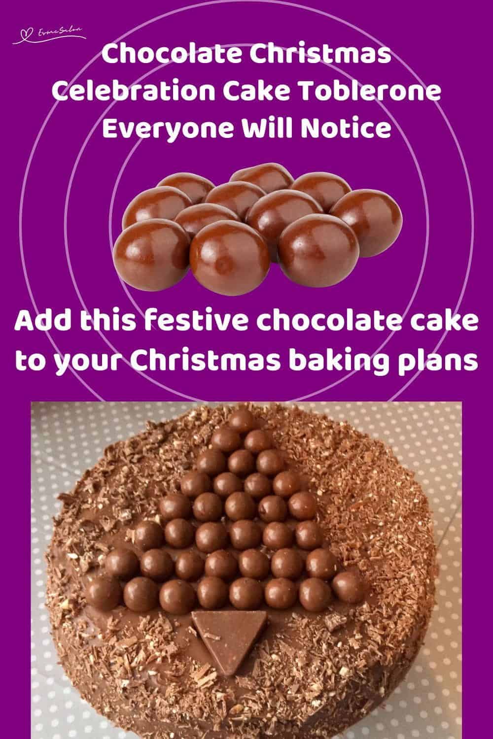 An image of a round chocolate cake with Ganache, Malteser Balls and Toblerone as decoration