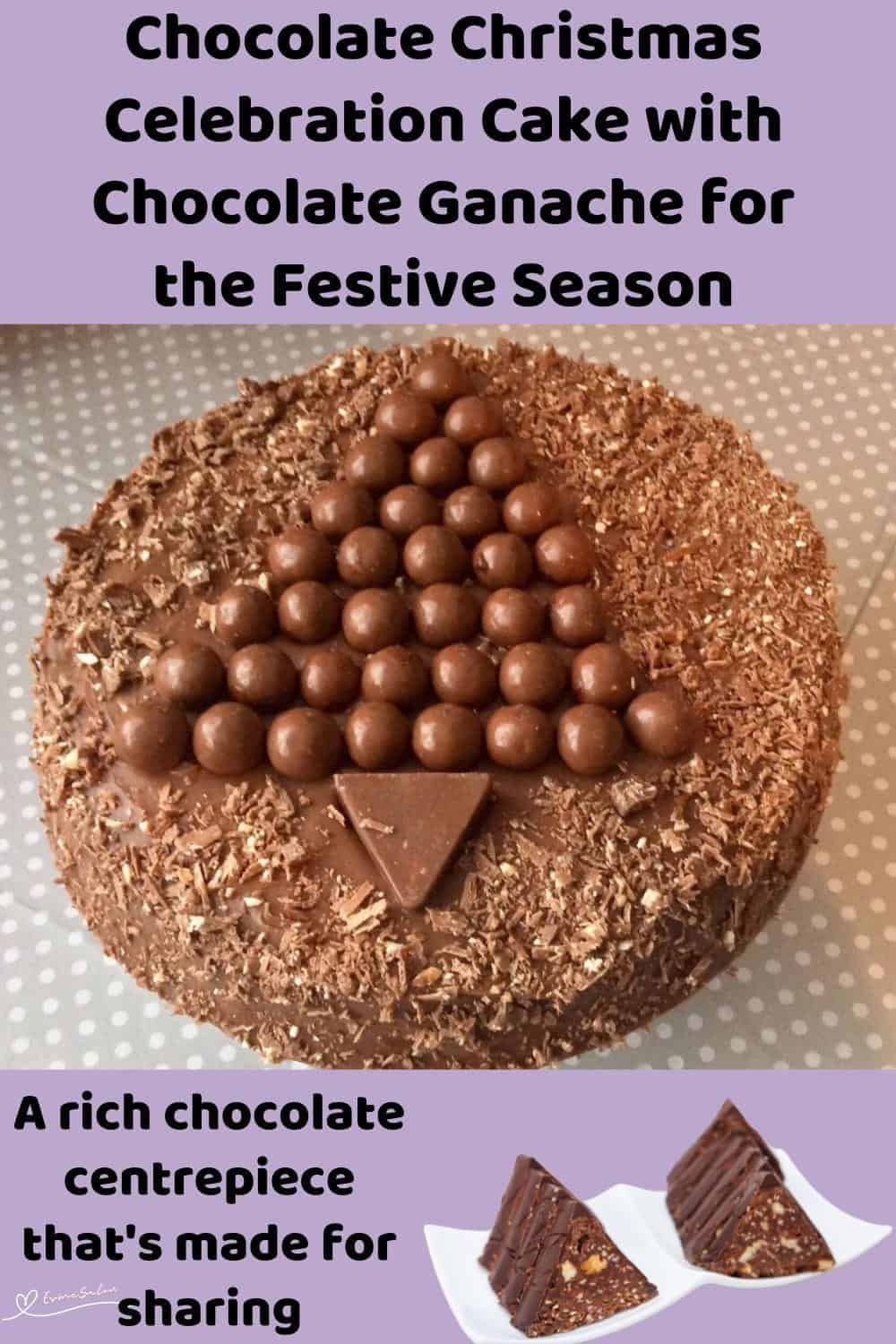 An image of a round chocolate cake with Ganache, Malteser Balls and Toblerone as decoration