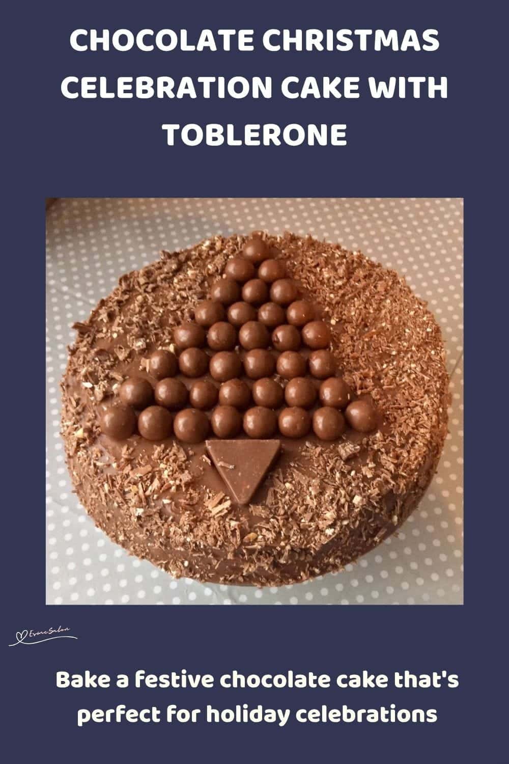 An image of a round chocolate cake with Ganache, Malteser Balls and Toblerone as decoration