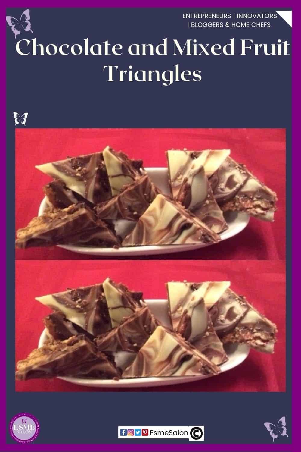 an image of a white oblong platter on a red background with Chocolate and Mixed Fruit Triangles