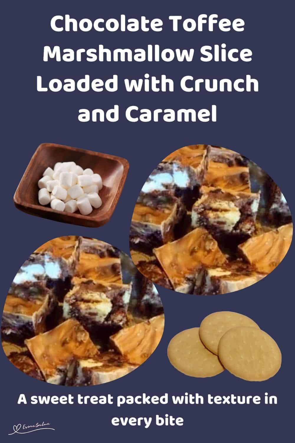 An image of blocks of Chocolate Toffee Marshmallow Slice with Crunchy biscuits and fruit mix
