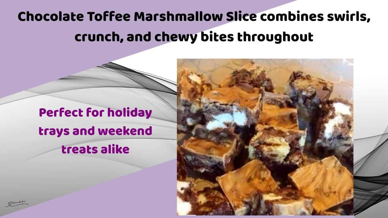 An image of blocks of Chocolate Toffee Marshmallow Slice with Crunchy biscuits and fruit mix