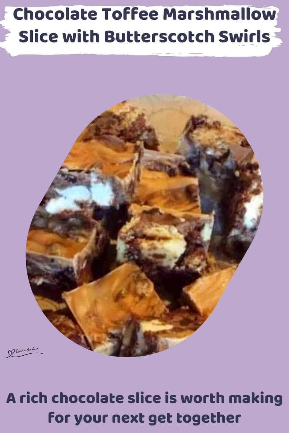 An image of blocks of Chocolate Toffee Marshmallow Slice with Crunchy biscuits and fruit mix