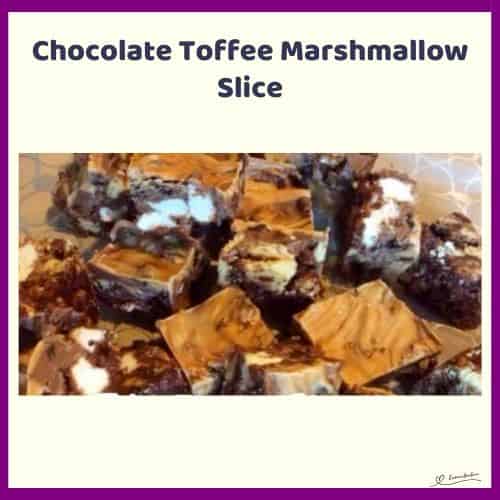 An image of blocks of Chocolate Toffee Marshmallow Slice with Crunchy biscuits and fruit mix