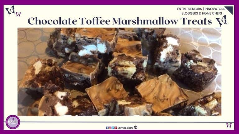 an image of a glass platter filled with Chocolate Toffee Marshmallow Treats