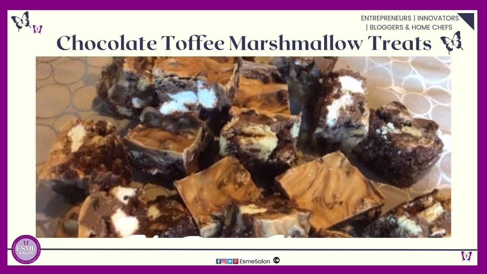 an image of a glass platter filled with Chocolate Toffee Marshmallow Treats