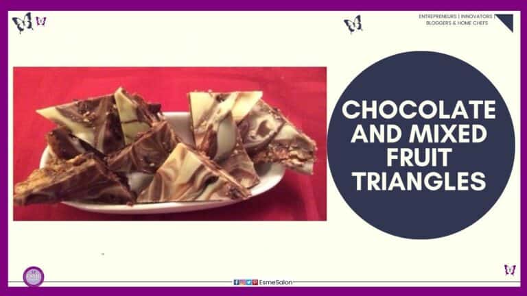 an image of a white oblong platter on a red background with Chocolate and Mixed Fruit Triangles