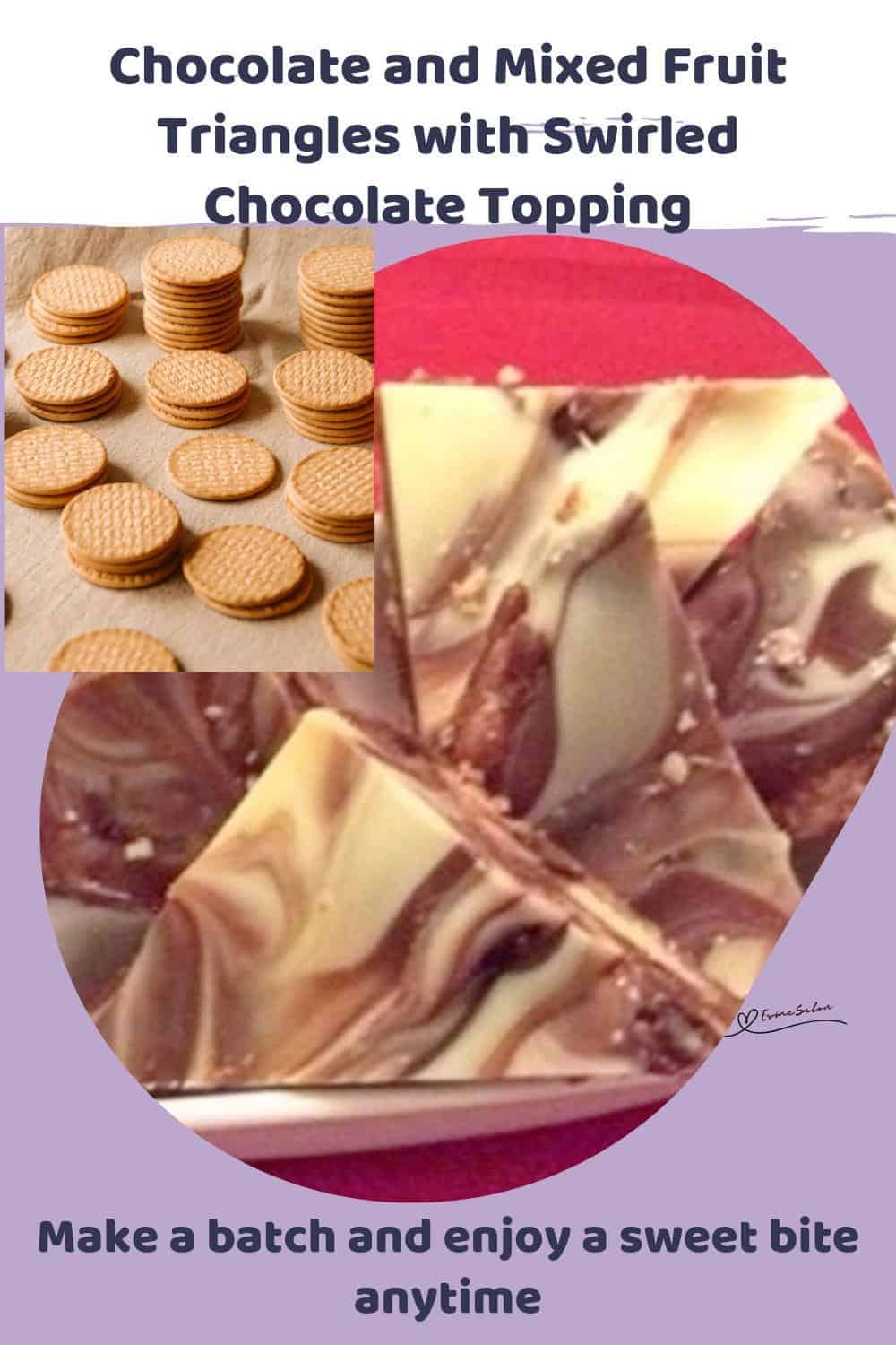 An image of Chocolate and Mixed Fruit Triangles with biscuit pieces and studded with dried fruit
