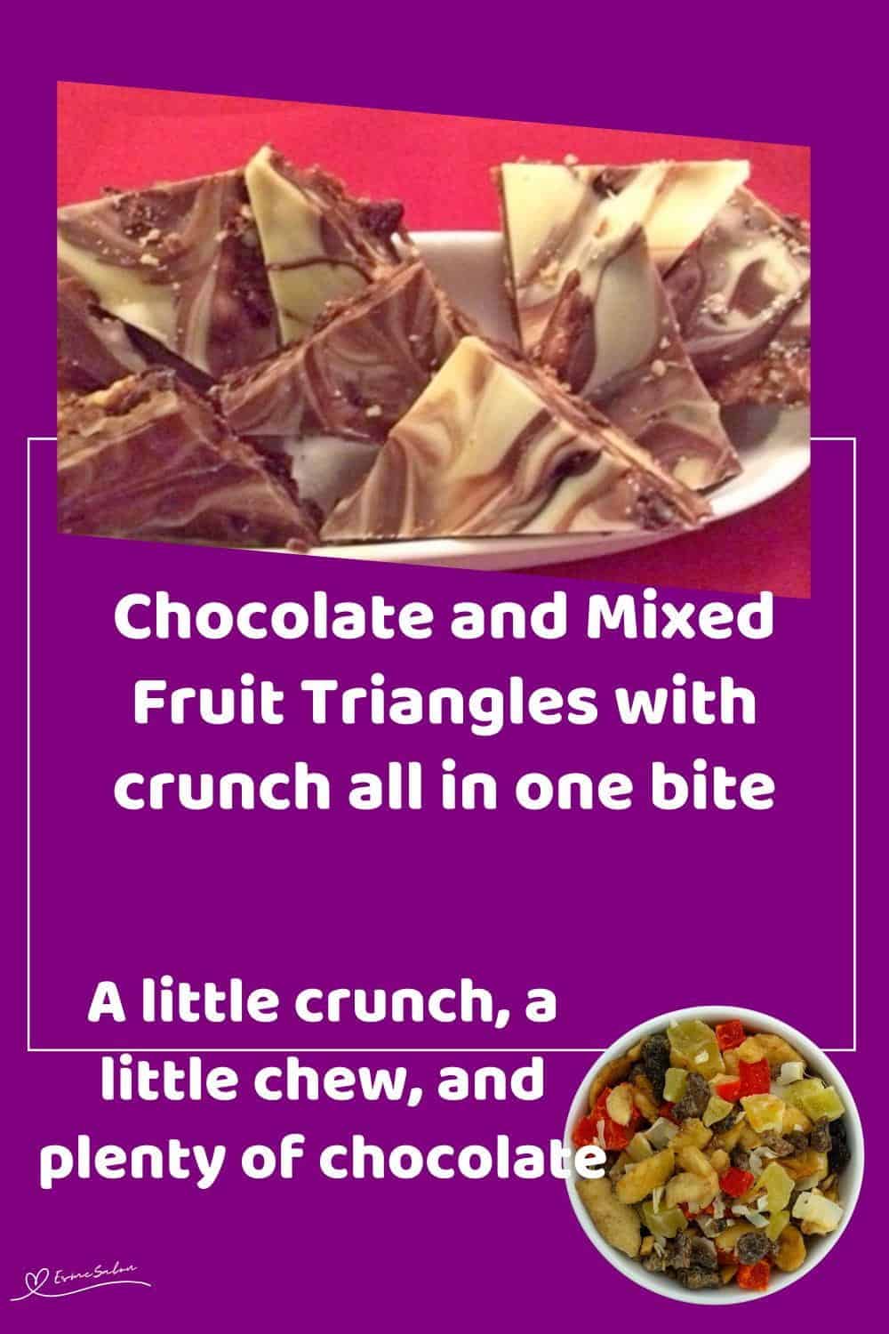 An image of Chocolate and Mixed Fruit Triangles with biscuit pieces and studded with dried fruit