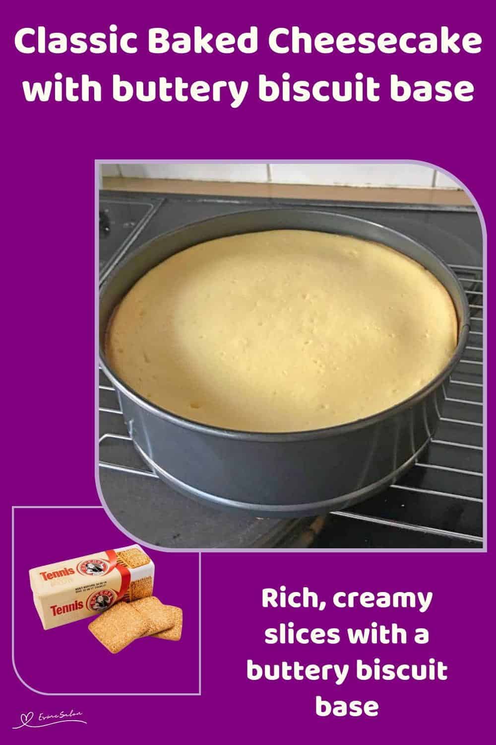 An image of a Classic Baked Cheesecake in various stages of baking