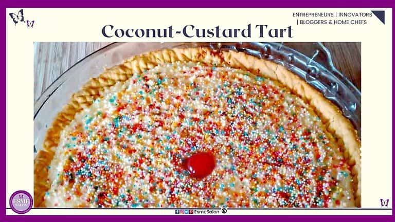 an image of two Coconut-Custard Tarts, one plain with cherries and the second one with sprinkles and a red cherry