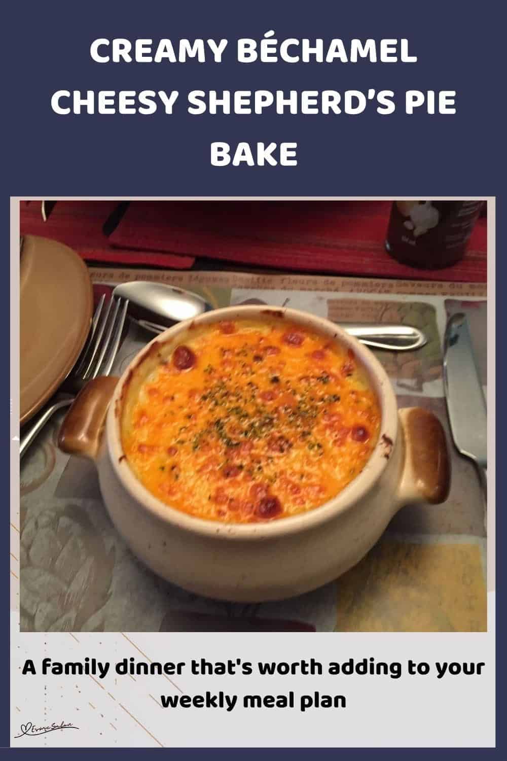 An image of a round white bowl filled with Cheesy Shepherd's Pie Bake