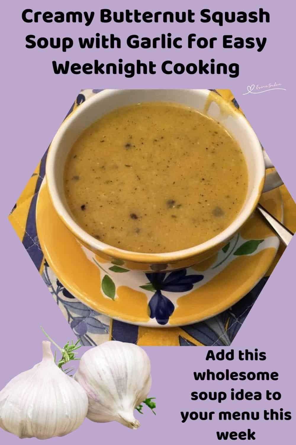 An image of a bowl of Creamy Butternut Squash Soup with garlic and rice