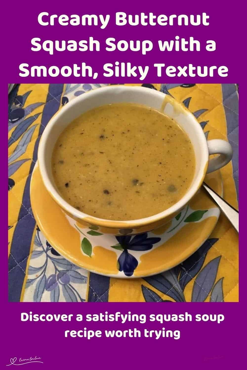 An image of a bowl of Creamy Butternut Squash Soup with garlic and rice