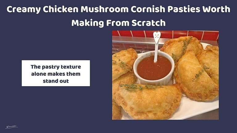 An image of Chicken Mushroom Cornish Pasties with a homemade sauce