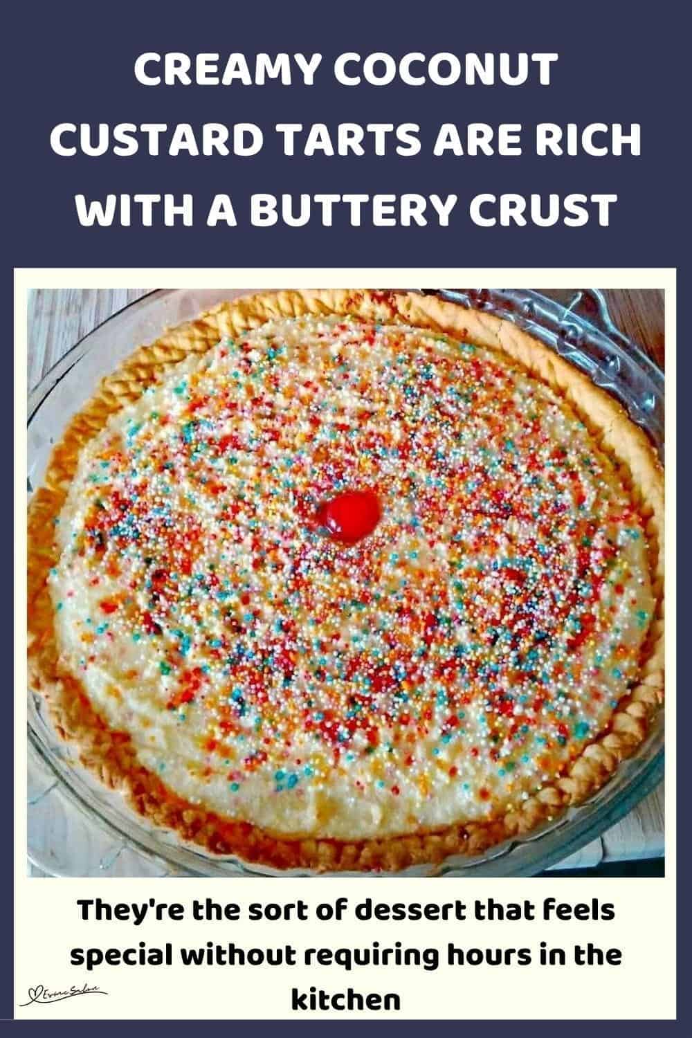 An image of Creamy Coconut Custard Tarts with sprinkles and cherries