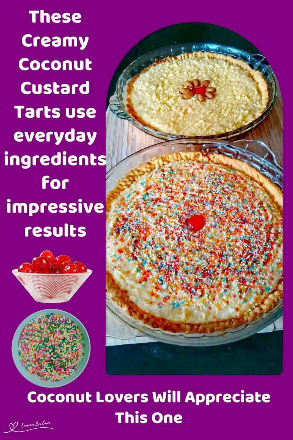 An image of Creamy Coconut Custard Tarts with sprinkles and cherries