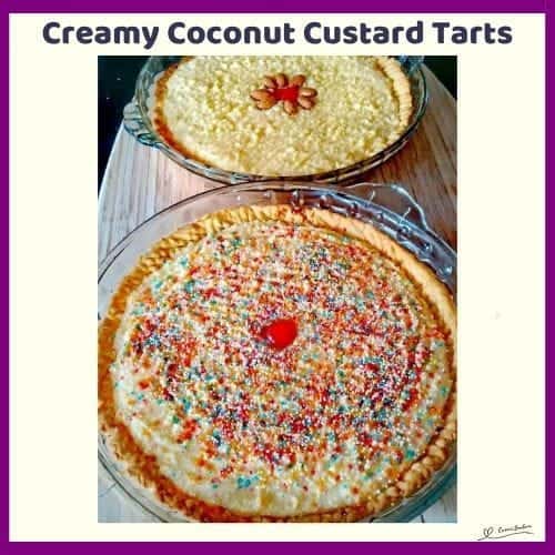 An image of Creamy Coconut Custard Tarts with sprinkles and cherries