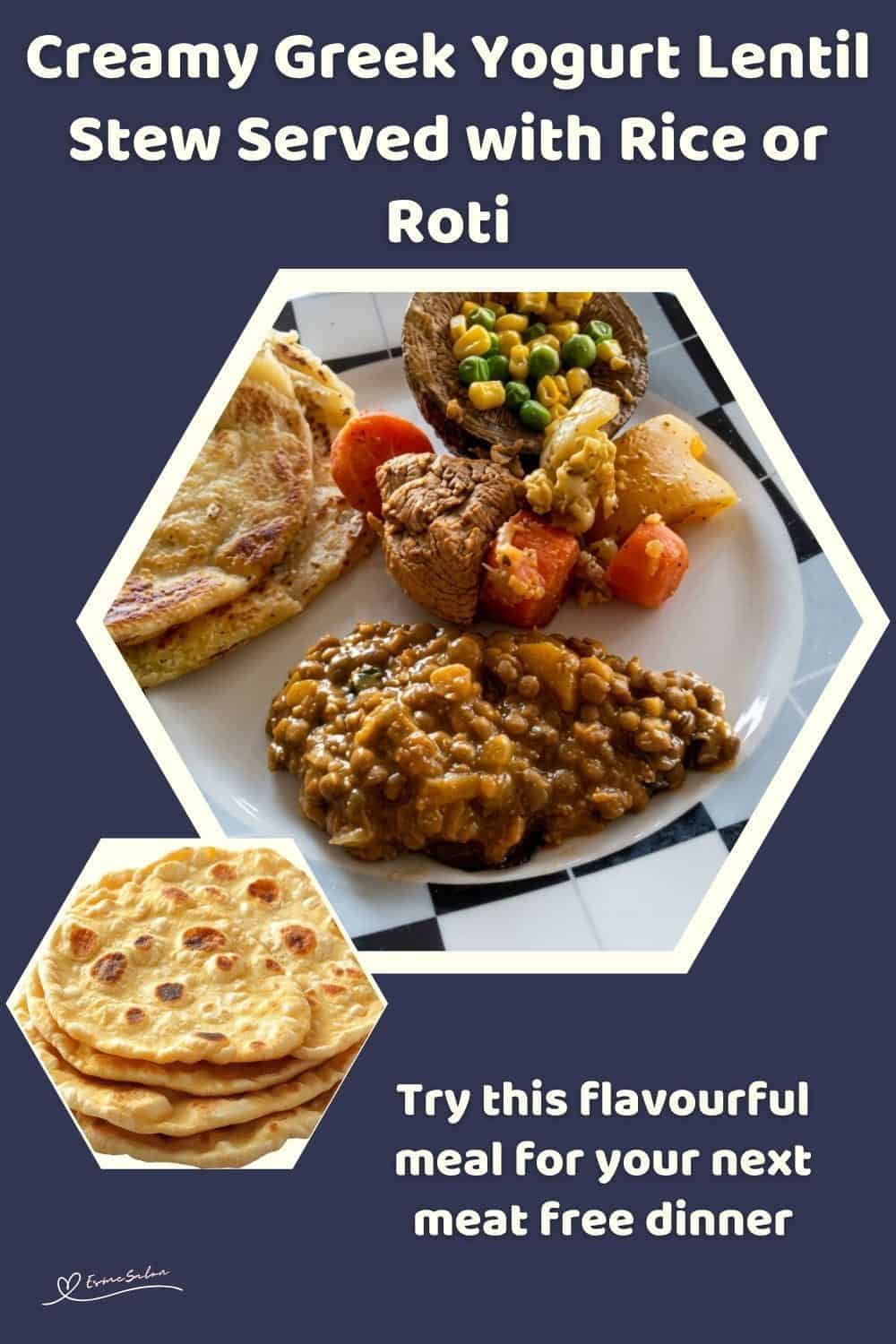 An image of a plate of a Vegegarian dish of Creamy Greek Yogurt Lentil Stew served with Naan