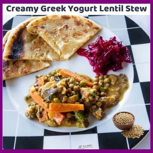 An image of a plate of a Vegegarian dish of Creamy Greek Yogurt Lentil Stew served with Naan