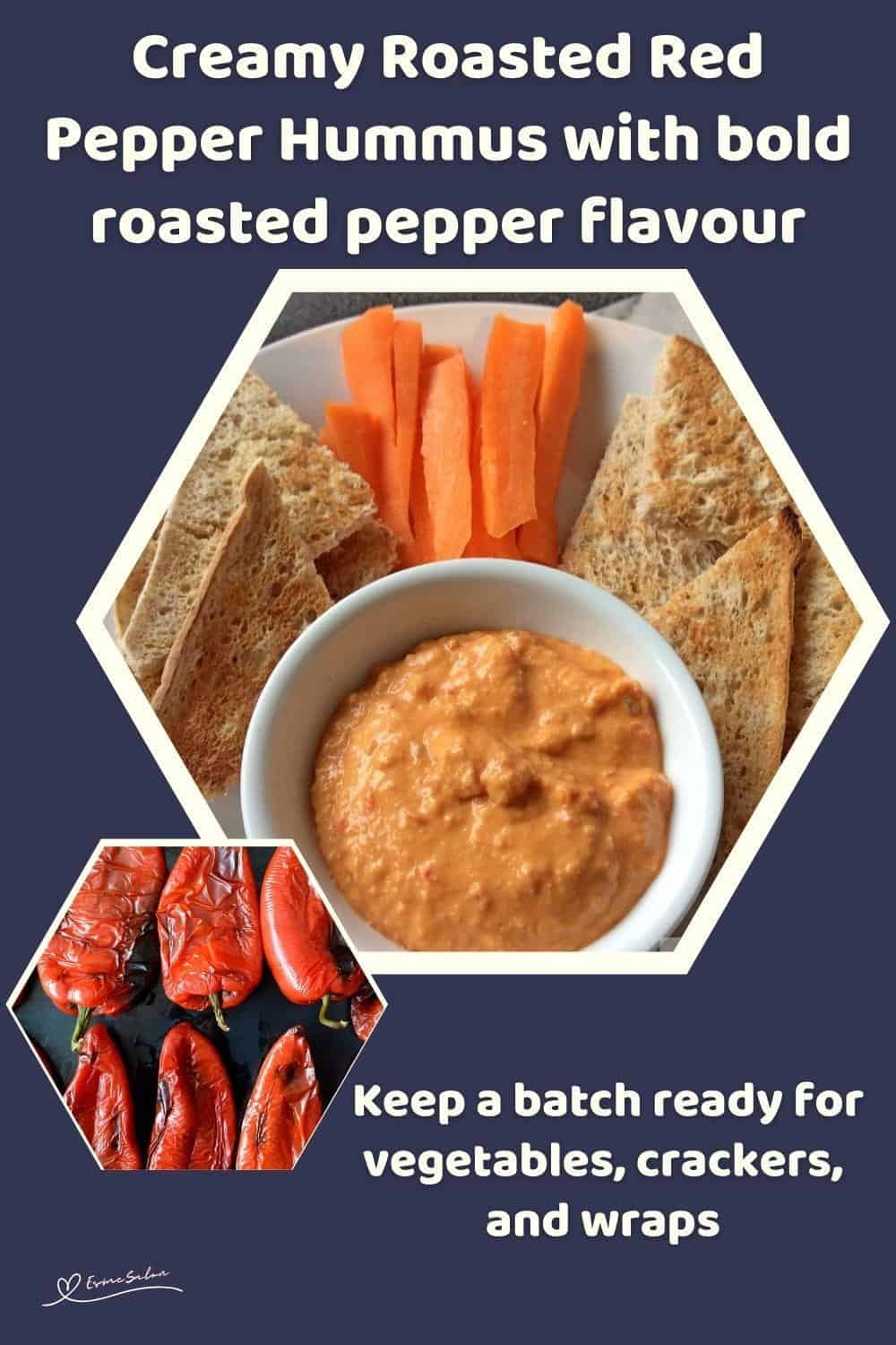 An image of a white bowl filled with Creamy Roasted Red Pepper Hummus with toasted bread triangles and carrots on the side