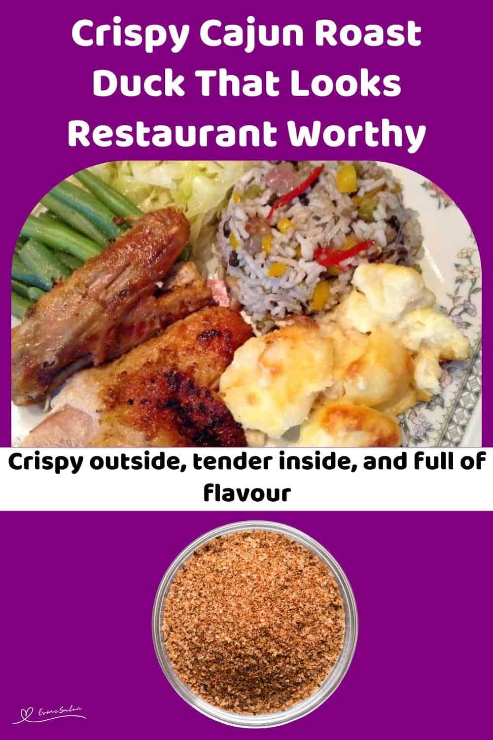 An image of Crispy Cajun Roast Duck with roasted potatoes, green beans and rice on the side