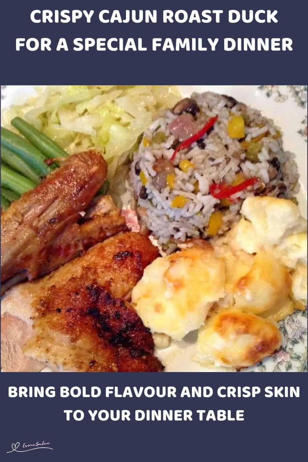 An image of Crispy Cajun Roast Duck with roasted potatoes, green beans and rice on the side