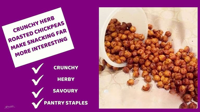 An image of Crunchy Herb Roasted Chickpeas tumbling out of a plastic container
