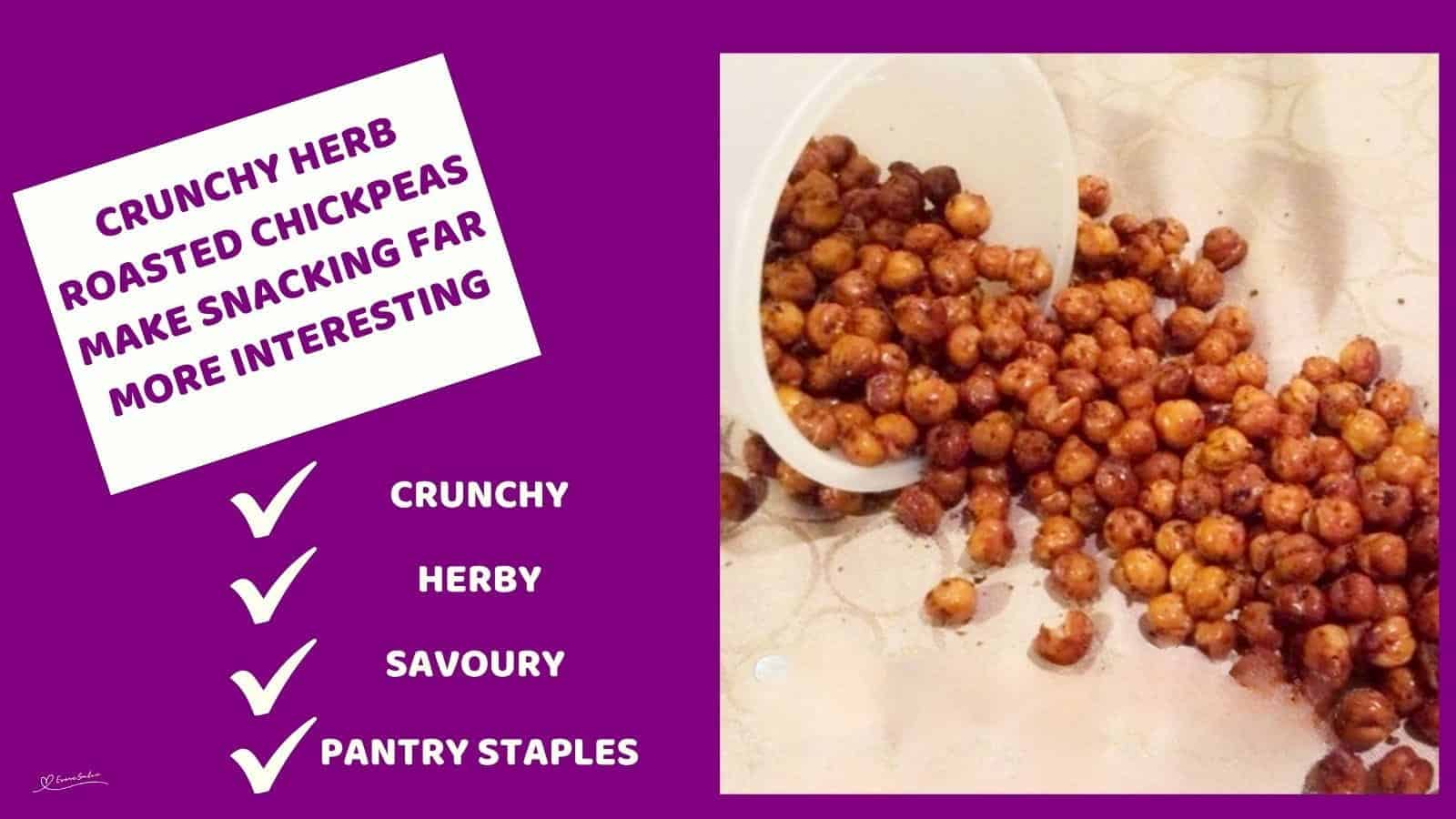 An image of Crunchy Herb Roasted Chickpeas tumbling out of a plastic container