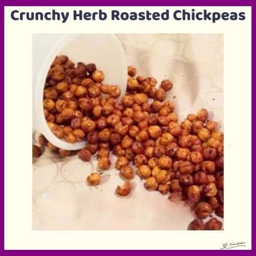 An image of Crunchy Herb Roasted Chickpeas tumbling out of a plastic container