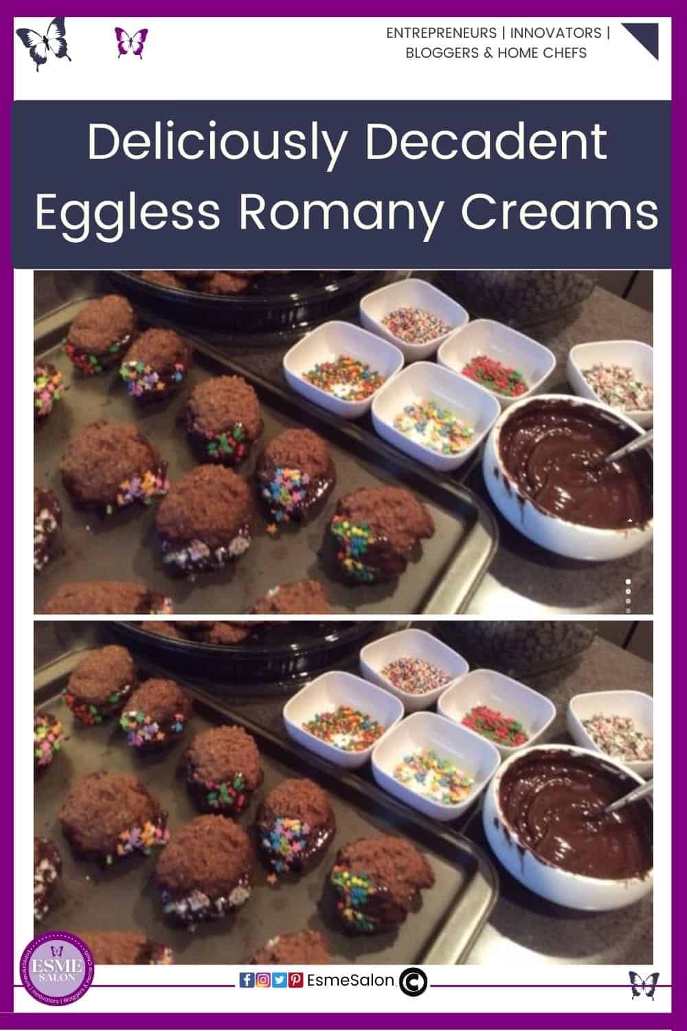 an image of a baking tray with Eggless Romany Creams being filled with chocolate and dipped in sprinkles and bowls of various types of sprinkles and melted chocolate on the side