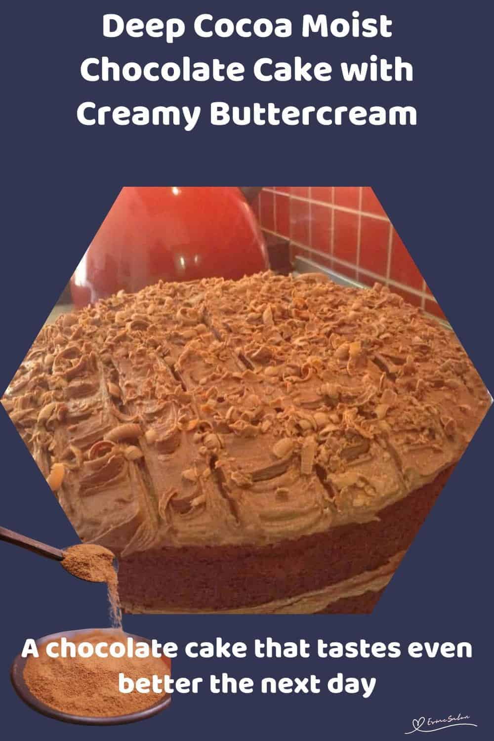 An image of a double-layer Chocolate Cake with Chocolate Buttercream Icing and grated milk chocolate
