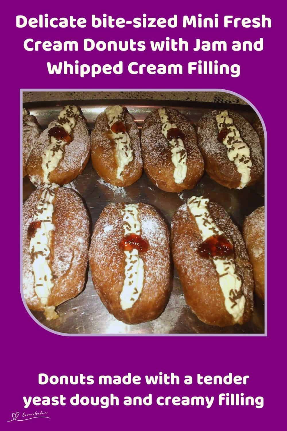 An image of Mini Fresh Cream Donuts with Jam and Whipped Cream Filling and a dollop of jam