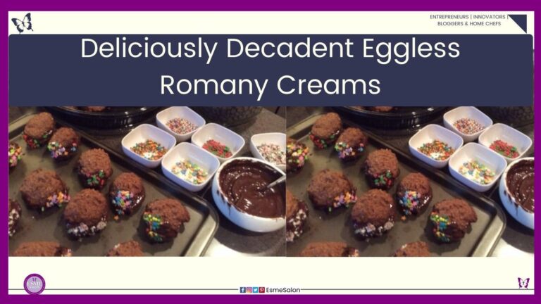 an image of a baking tray with Eggless Romany Creams being filled with chocolate and dipped in sprinkles and bowls of various types of sprinkles and melted chocolate on the side