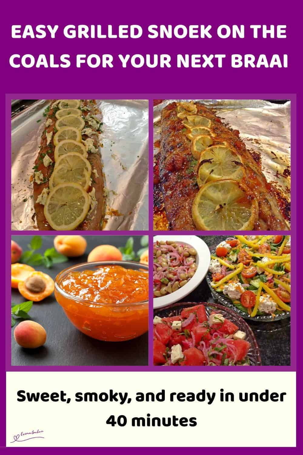 An image of Grilled Snoek basted with apricot jam and topped with slices of lemon on tinfoil prepared on the Coals