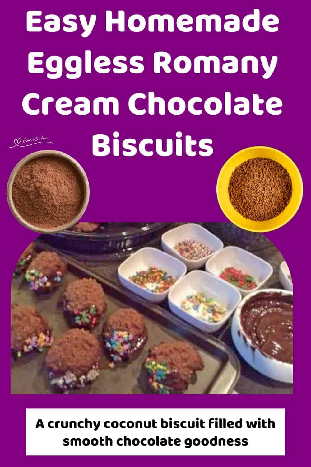 An image of Eggless Romany Cream Biscuits with chocolate filling and dipped in colored sprinkles
