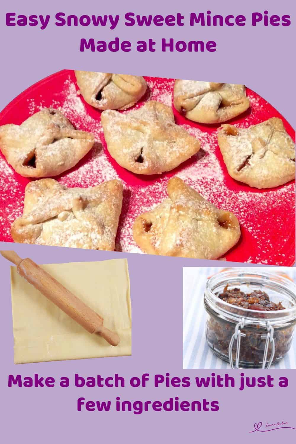 An image of Sweet Mince Pies dusted with icing sugar or a red plate
