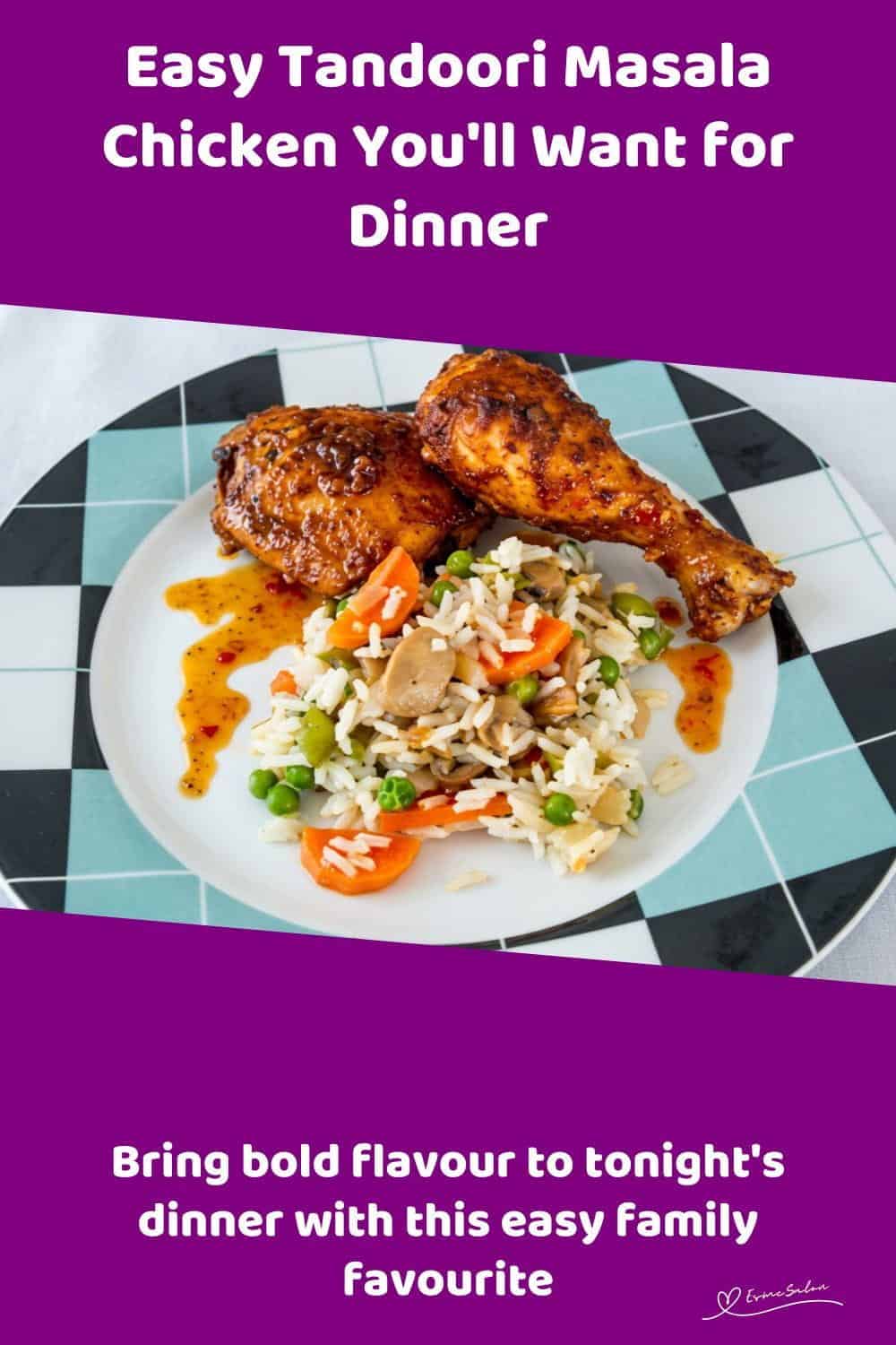 An image of 2 pieces of Tandoori Masala Chicken with colorful veggie rice