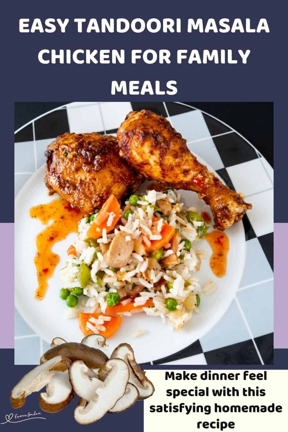 An image of 2 pieces of Tandoori Masala Chicken with colorful veggie rice