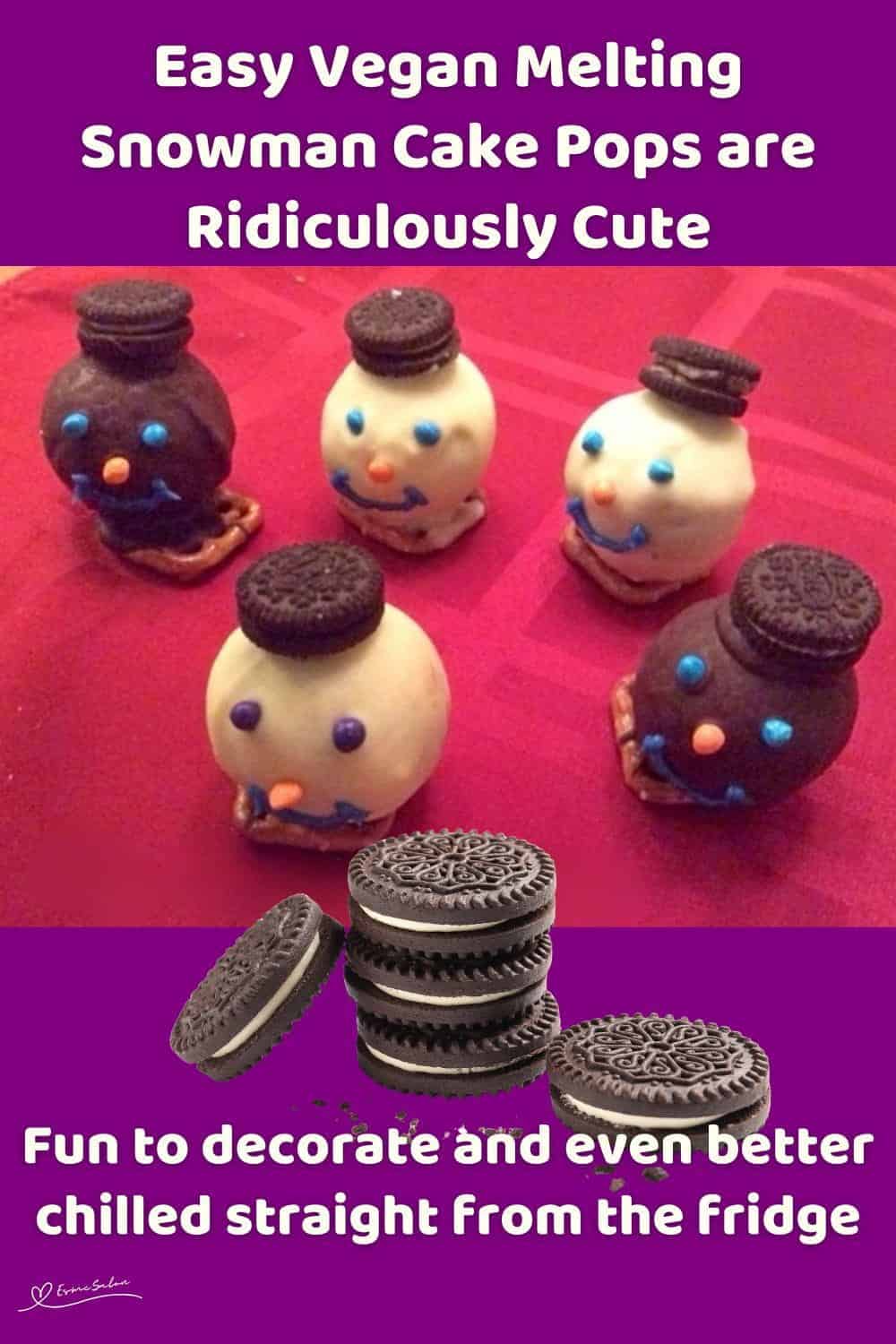 An image of white and brown Vegan Melting Snowman Cake Pops sitting on pretzels with an oreo hat