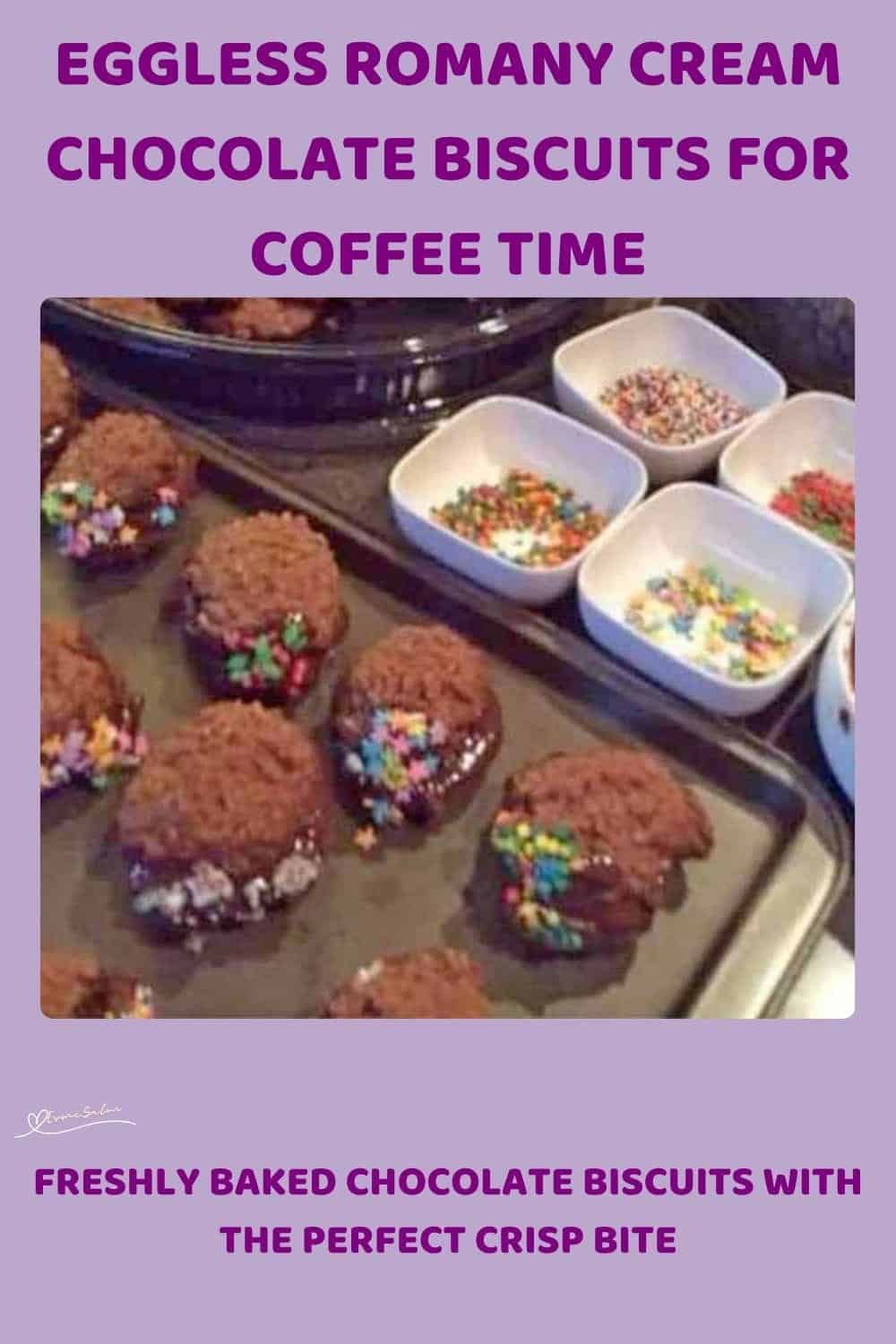 An image of Eggless Romany Cream Biscuits with chocolate filling and dipped in colored sprinkles