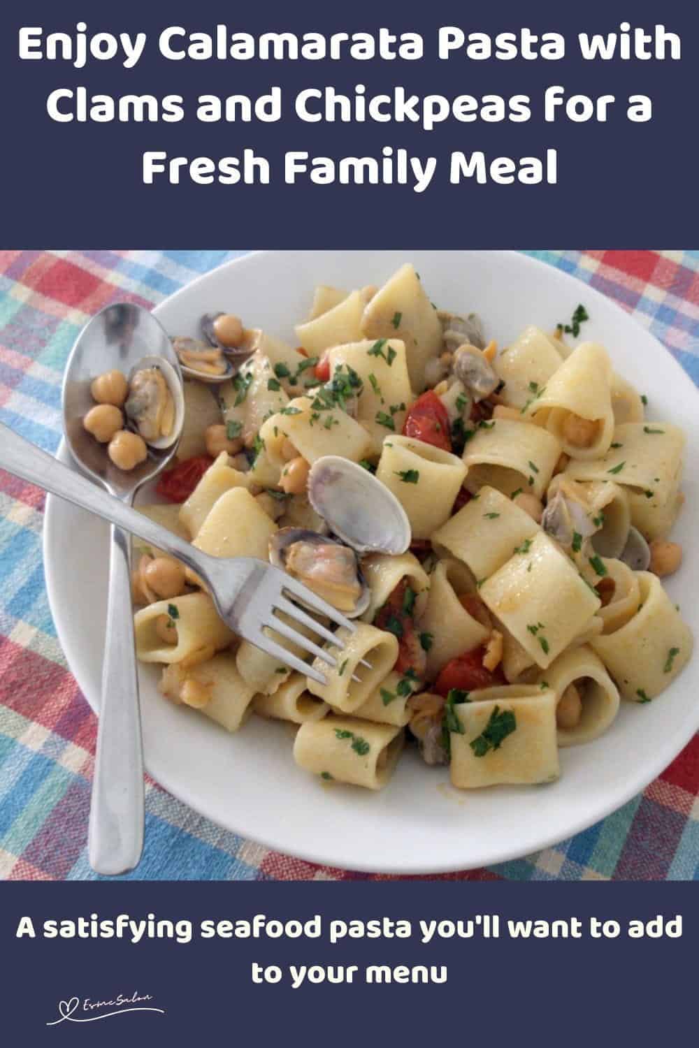 An image of Italian Calamarata Pasta with Clams and Chickpeas