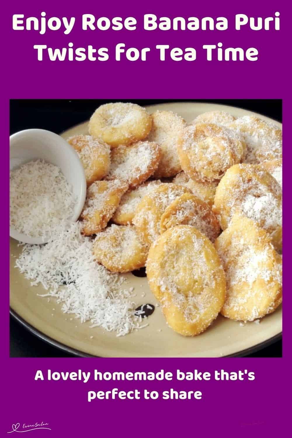 An image of Rose Banana Puri Twists covered in shredded coconut